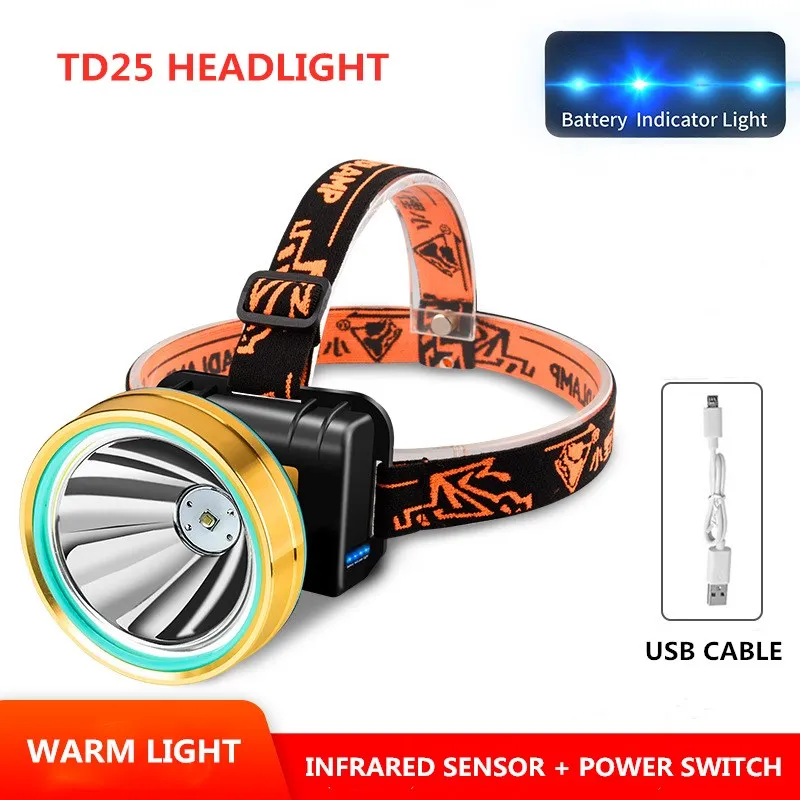 

Powerful Headlamp Super Bright Waterproof Camping Head Torch Headlight LED USB Rechargeable Work Light with Built-in Battery