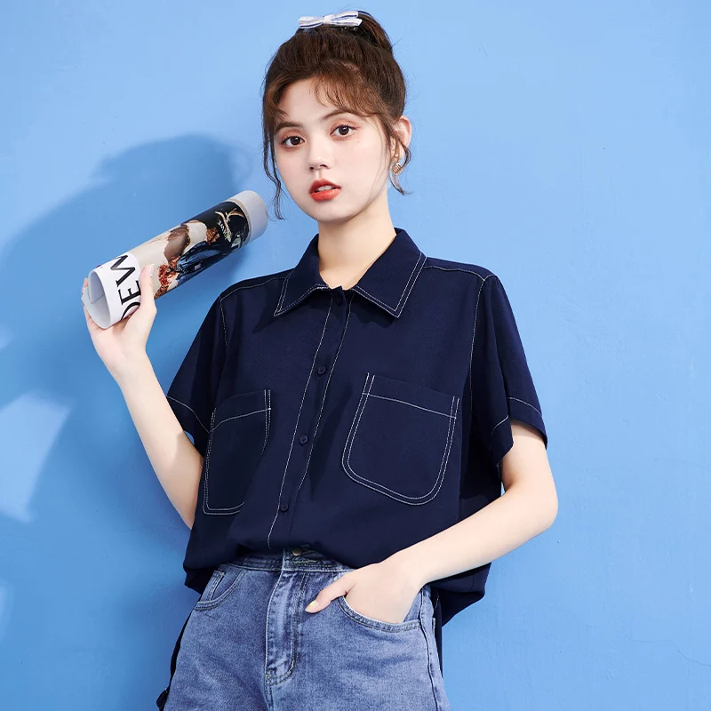 

2021 summer new style Hong Kong style thin short-sleeved shirt female design sense student pocket POLO chiffon top women