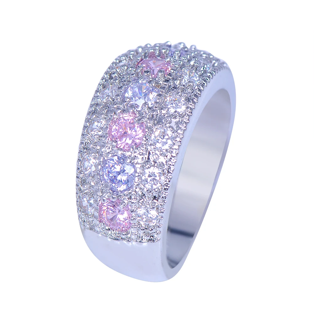 

Trendy Female Pink Purple Crystal Ring Charm Silver Color Wedding Jewelry Classic Round Zircon Engagement Rings For Women