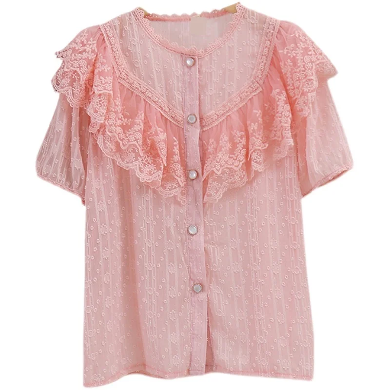 

Spring Lace Patchwork Shirt and Blouse Women Elegant Pink Sweet Ruffle Solid Hollow Out Fashion Office Top Female Party Clothes