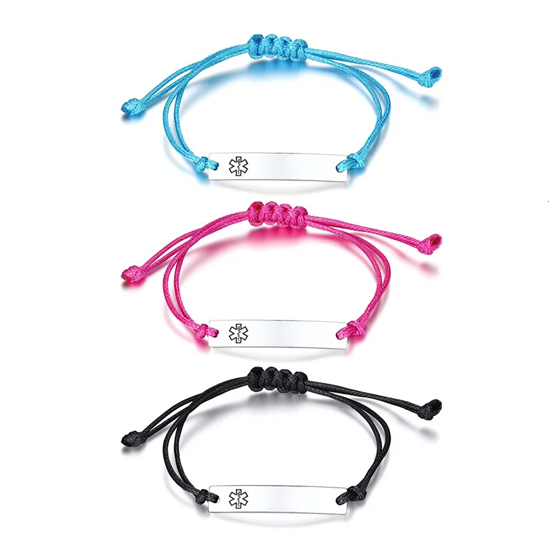 

Vnox Unisex Medical Cross ID Bracelets for Women Men Kids Personalize Stainless Steel Bar with Adjustable Length Rope Chain