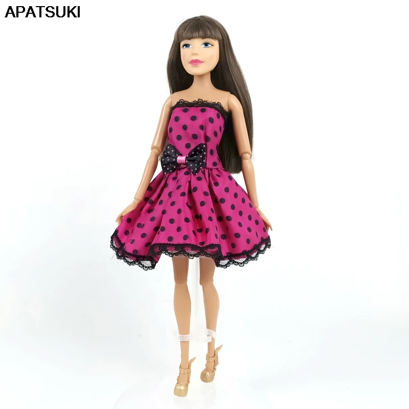 Розовый горошек с открытыми плечами наряды для куклы Барби платья черный бант