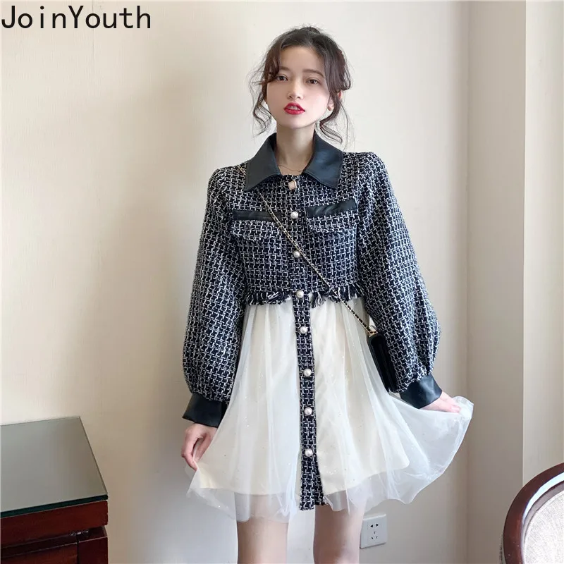 Joinyouth платье элегантный костюм корейский плед кнопка мини Ropa Mujer Тюль лоскутное
