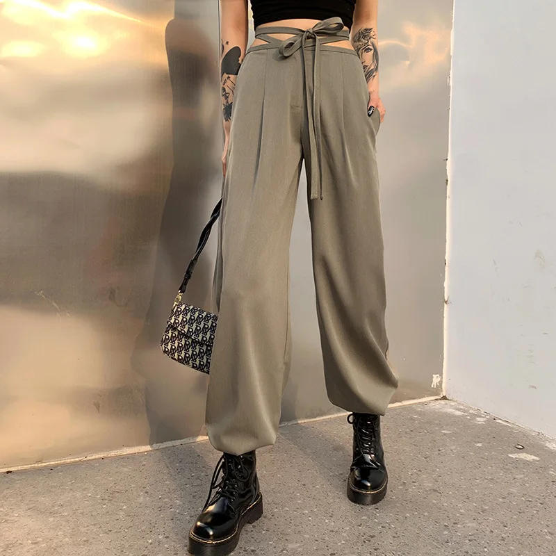 

2021 New Fashion Slim High Waist Female Trousers Solid Bandage Straight Pants Women Clothing Spring Casual Loose Streetwear