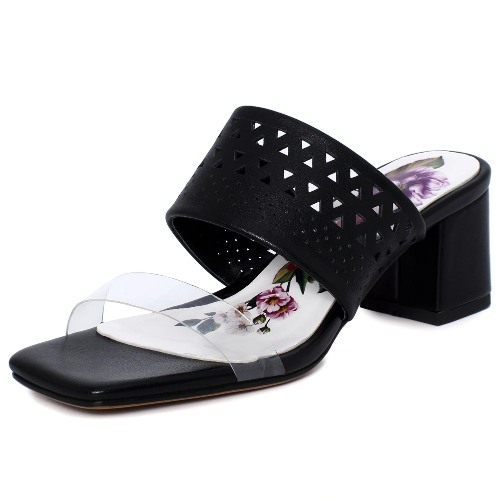 

BONJOMARISA Genuine Leather Cow Leather Female Pumps Slip On PVC Flower Hollow High Heels Pumps Women Summer Shoes Woman