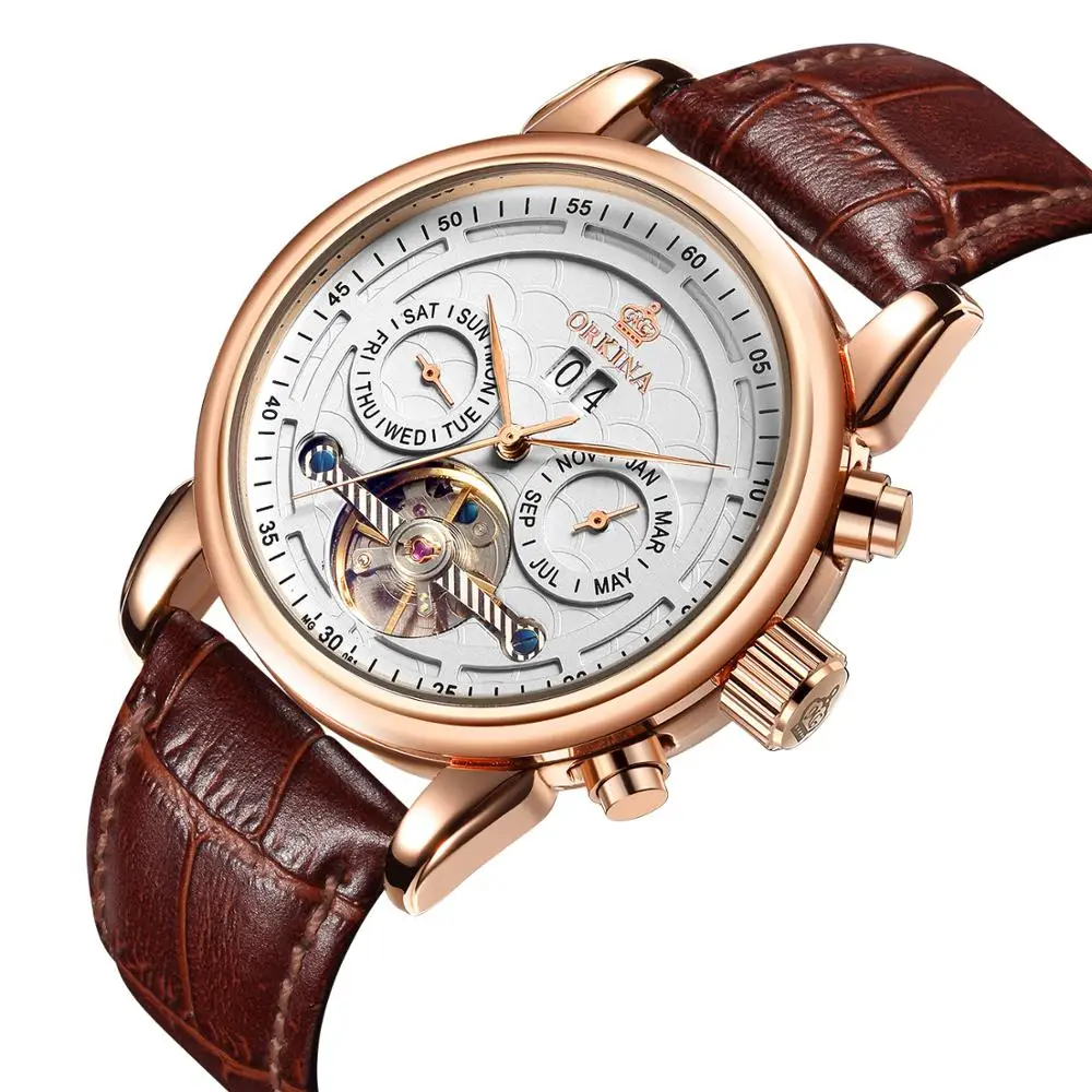 Часы ORKINA Tourbillon Мужские наручные часы с автоподзаводом ремешок из натуральной