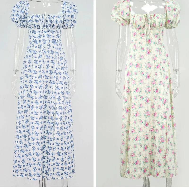 

Flower Print Puff Short Sleeve Women's Dress High Score Party Dress Elegant Lace Up Sweet Summer Club Sexy Dress