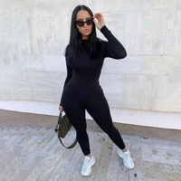 solid color fitness sporty women jumpsuit casual black o neck long sleeve leggings bodycon femme one piece overalls