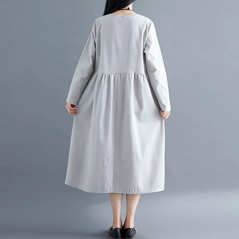 Женское платье из хлопка и льна Johnature свободное однотонное винтажное с длинным