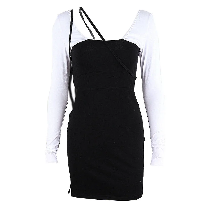 

Sexy Low-cut Hit Color Hollow Slit Tether Goth Stitching Dresses for Women 2021 Summer Bandafe Patchwork Mini Dress Streetwear