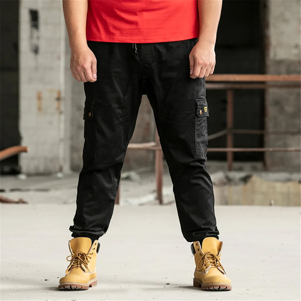 Брюки карго мужские черные с лентами и карманами в стиле хип хоп|Брюки-карго| |
