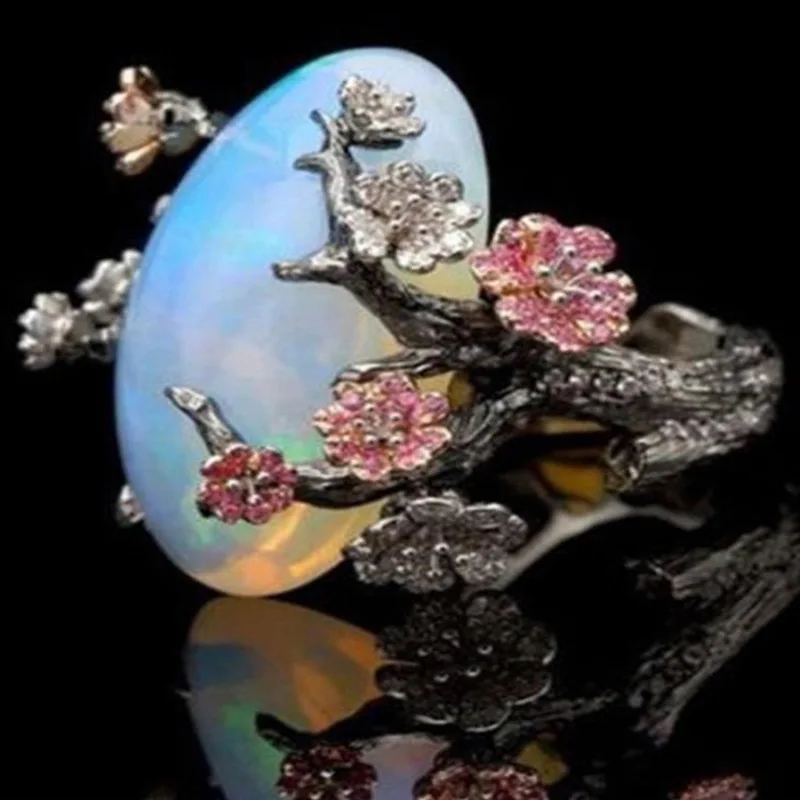 Milangirl Vintage Black White Fire Opal Tree Flower Wedding Rings for Women Fashion CZ Stone Ring Plum Blossom Gift Jewelry