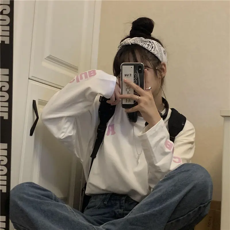 Свободная футболка с длинным рукавом женские топы осенняя одежда футболки |