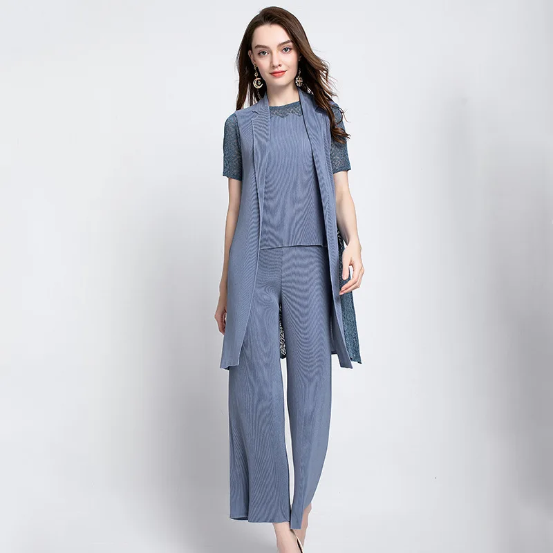 LANMREM 2020 New Fashion Pattern Pleated Stitching Lace Slimming Solid Elegant Shawl Wide-leg Pants Female Three-piece Set AD069 | Женская