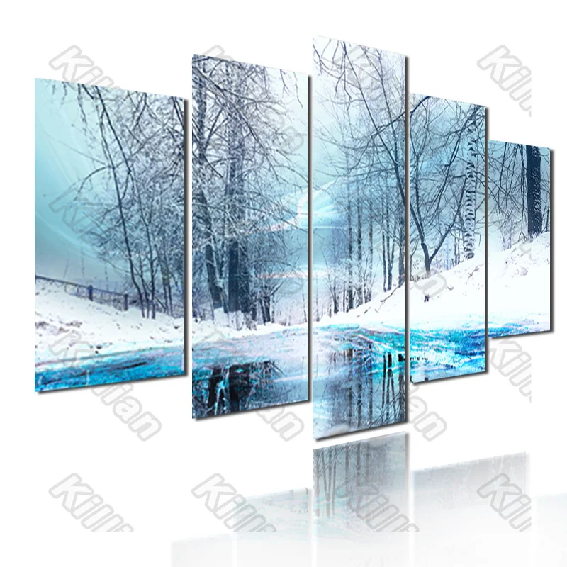 

Modern Style Mural Canvas Paintings Modular Bed Home Decor Prints 5 Pieces Glacier Forest Decoration Living Room Wall Fresco
