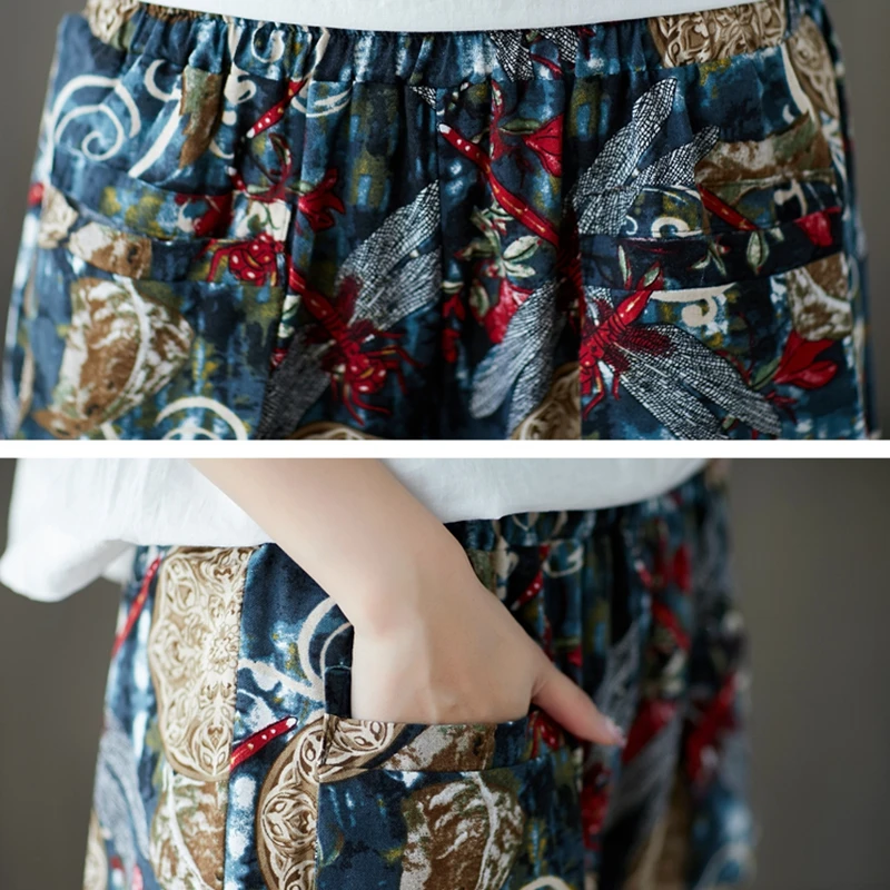 

Loose wide-leg harem pants women summer vintage print plaid cotton linen pants casual Trousers Lantern Pants plus size