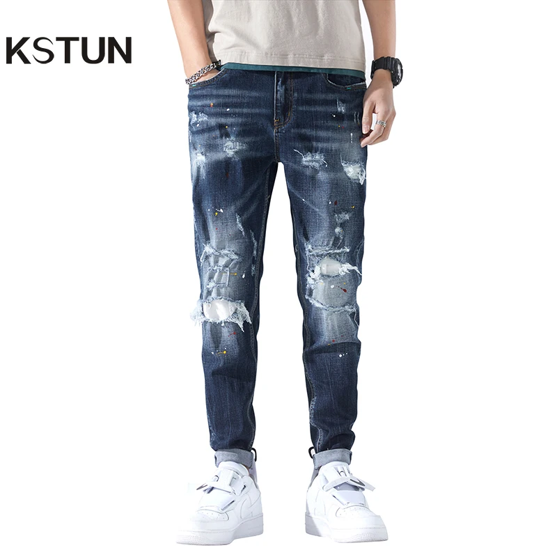 

Ripped Jeans Men Slim Fit Dark Blue Stretch Destroyed Hip Hop Patchwork Beggar Pants Denim Trousers Torn Frayed Motocycle Jeans