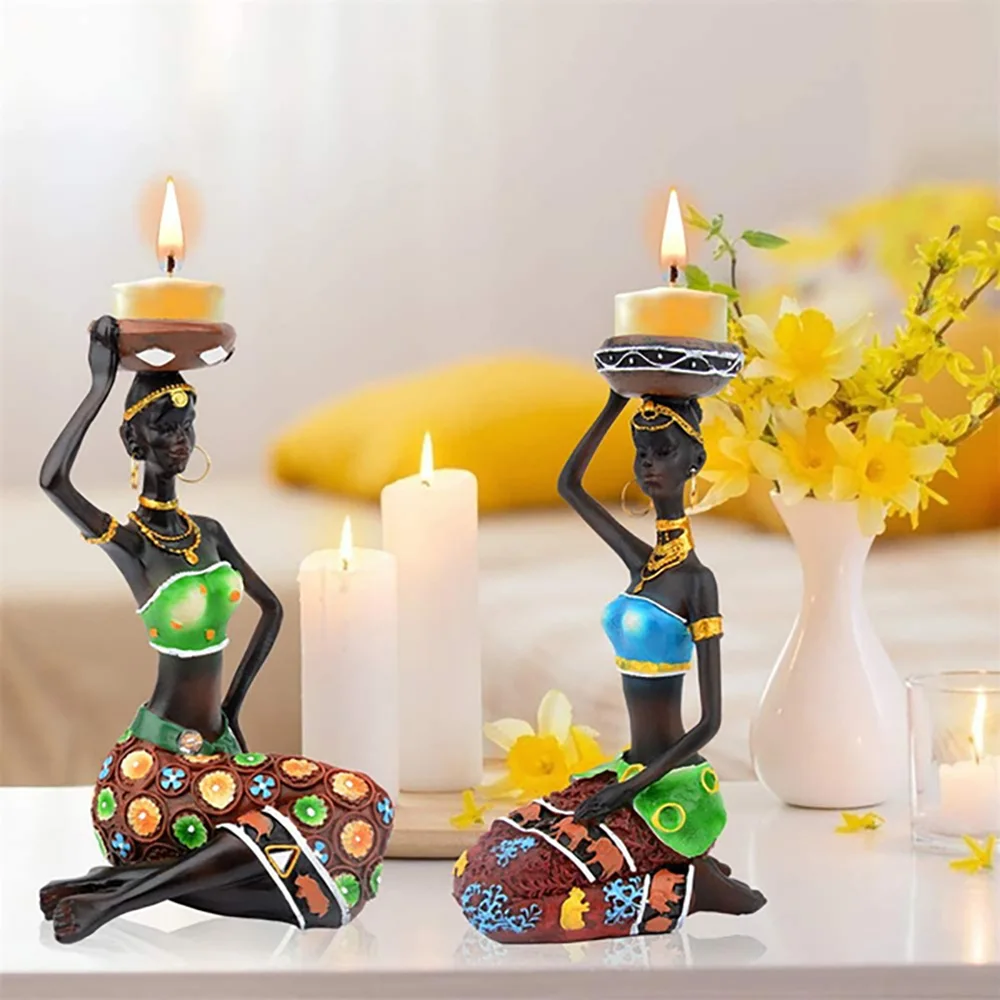 

2Pcs/Set 8.5 Inch Resin Creative African Woman-Shaped Ornaments Candle Holder Restaurant Desk Accessories Simple Decoration