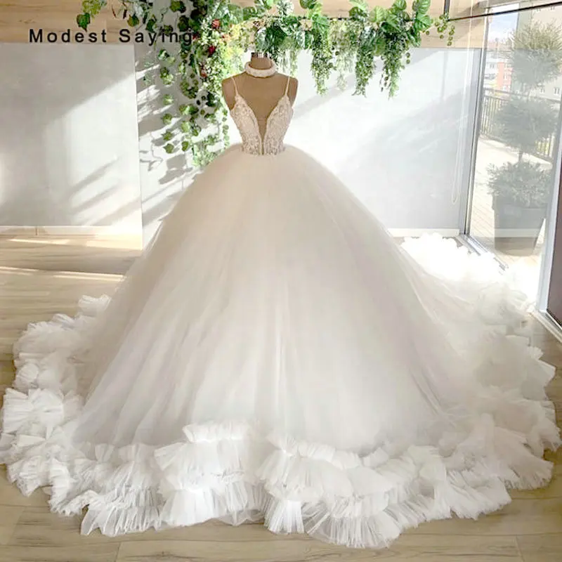 

Romantic Sheer Ball Gown Beaded Lace Wedding Dresses 2020 with Straps Ivory Ruched Bridal Gowns Custom Made vestido de noiva