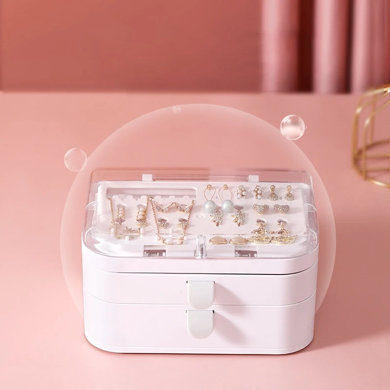 

New Drawer Type Jewelry Box Plastic Double Transparent Jewelry Storage Box Flip Cover Dustproof Earring Storage Box