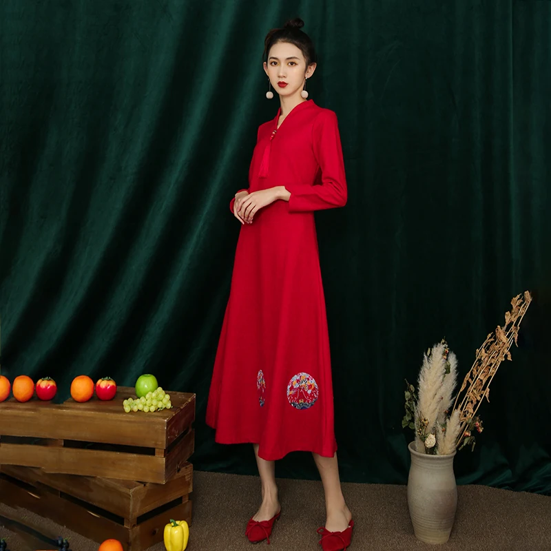 red SWEETXUE осеннее и зимнее темпераментное элегантное платье Ципао женские красные свободные вечерние платья Ципао - Цвет: red