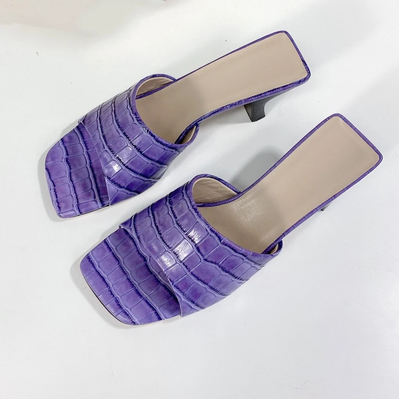

Шлепанцы женские на высоком каблуке, повседневная обувь с квадратным носком, сланцы, фиолетовые, летняя Уличная обувь
