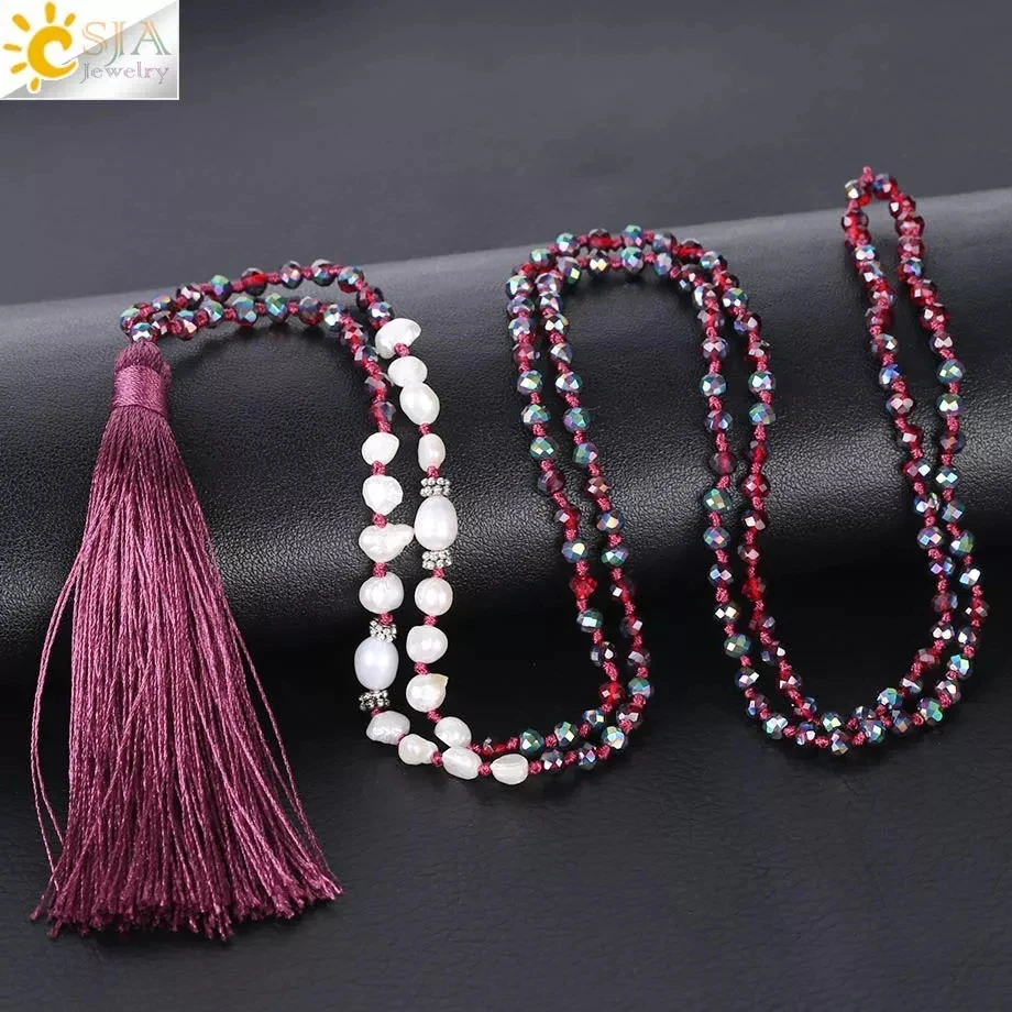 Длинное ожерелье CSJA с бахромой в стиле бохо стеклянные бусины жемчужные ожерелья