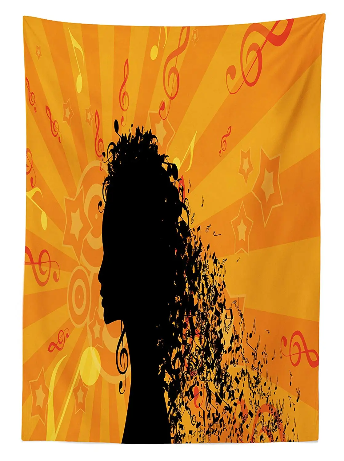 Музыкальная скатерть силуэт женской головы с музыкальными нотами волосы на фоне