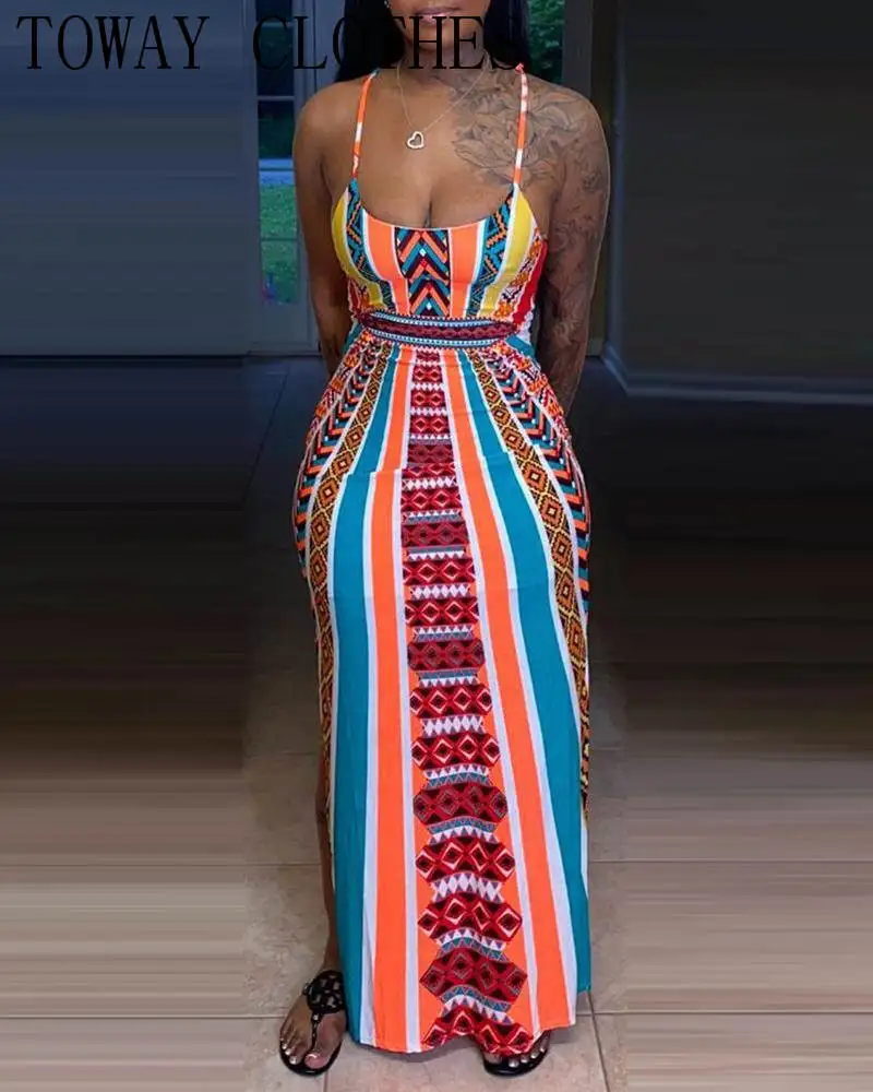 

Square Neck Sleeveless Colorblock Lace-up Backless Maxi Dress Summer Dresses For Women 2021