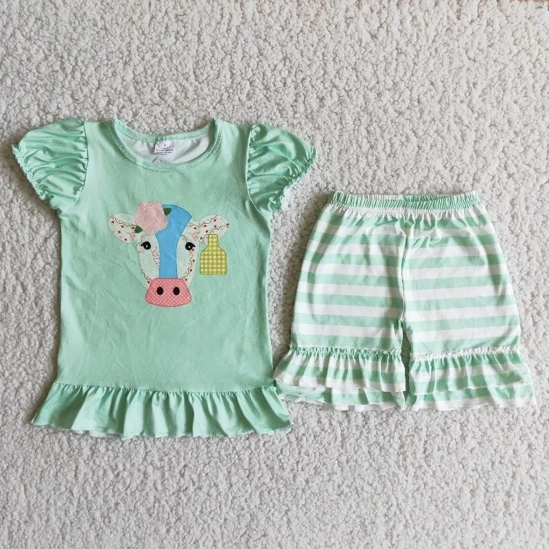 

Wholesale Children Boutique Summer Clothes Baby Girl Sets Short Sleeve Green Cow Shirt Ruffle Striped Shorts Kid Fashion Outfit