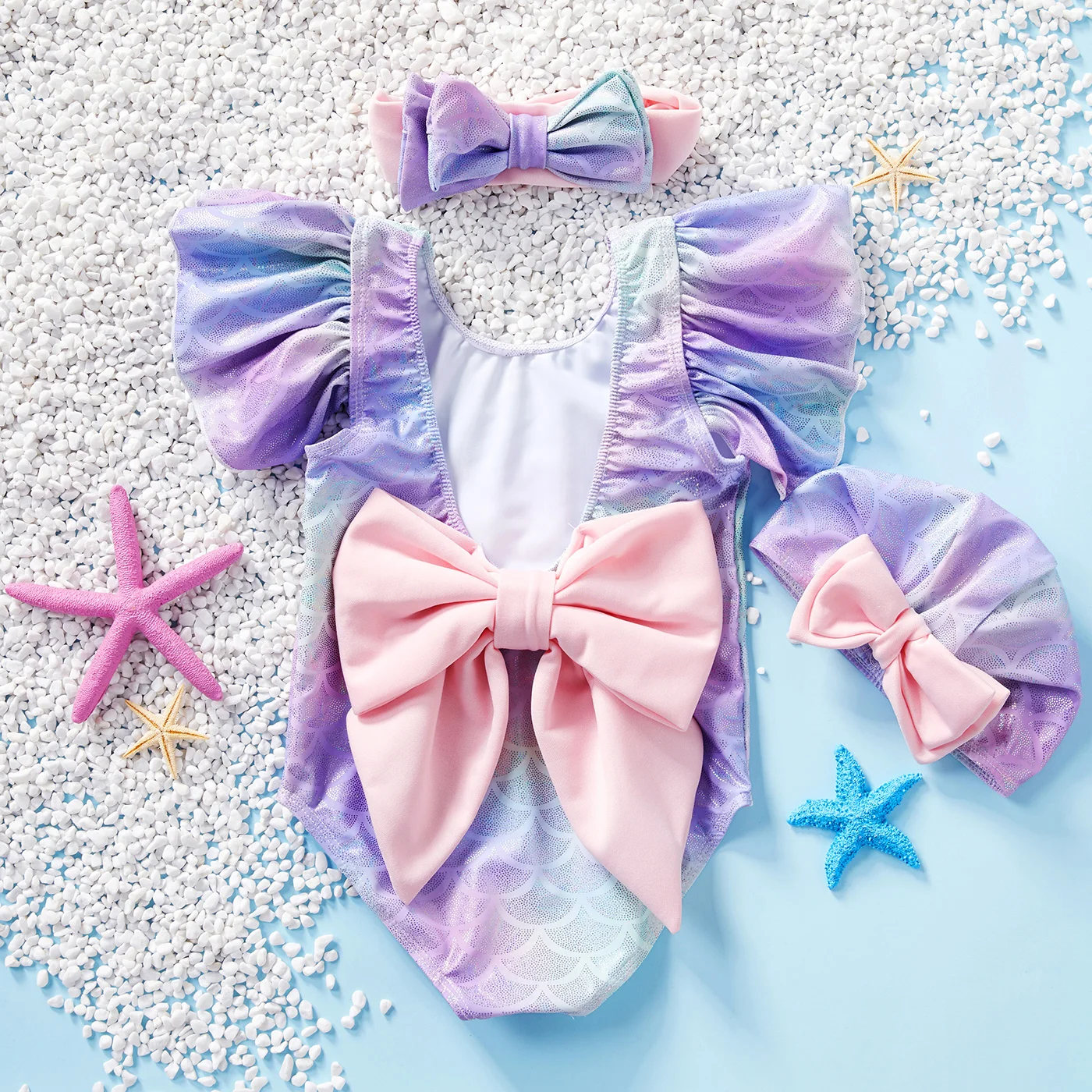 

PatPat 3-piece Baby / Toddler Girl Colorful Scale Print Bowknot Swimwear and Headband with Hat Set