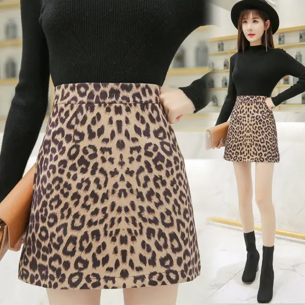 

Leopard Print Mini Skirts Female Lady Autumn Winter Bodycon Fashion High Waist A-line Half Skirts Women's Sexy Slim Short Skirts