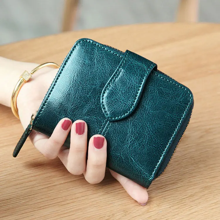 Billfold масло воск натуральная кожаные кошельки для женщин короткий мини-кошелек для клатча Soild монета Карманный с отделениями для карт держатель воловья сумка - Цвет: Синий