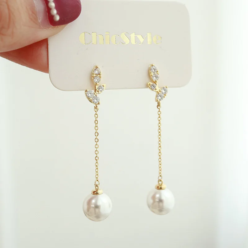 

Pearl Leaf Temperament Joker Earrings Diamond Tassel Earrings