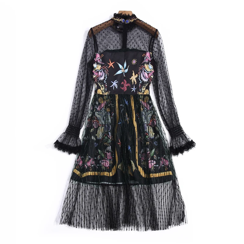 

Designer High Fashion Design Sexy Spring Summer New Women'S Diamond Beading Mesh Patchwork Bell Sleeve Party Elegant Chic Dress