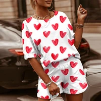 casual women heart printed shorts two piece set round neck short sleeve female homewear suit 2021 summer sporty sets plus size