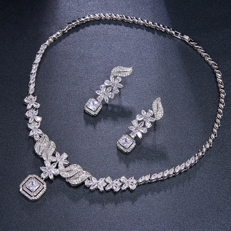 

Ekopdee Classic Silver Color Cubic Zirconia Dangle Earrings Necklace Women Jewelry Set For Bridal Wedding Dress Accessories New