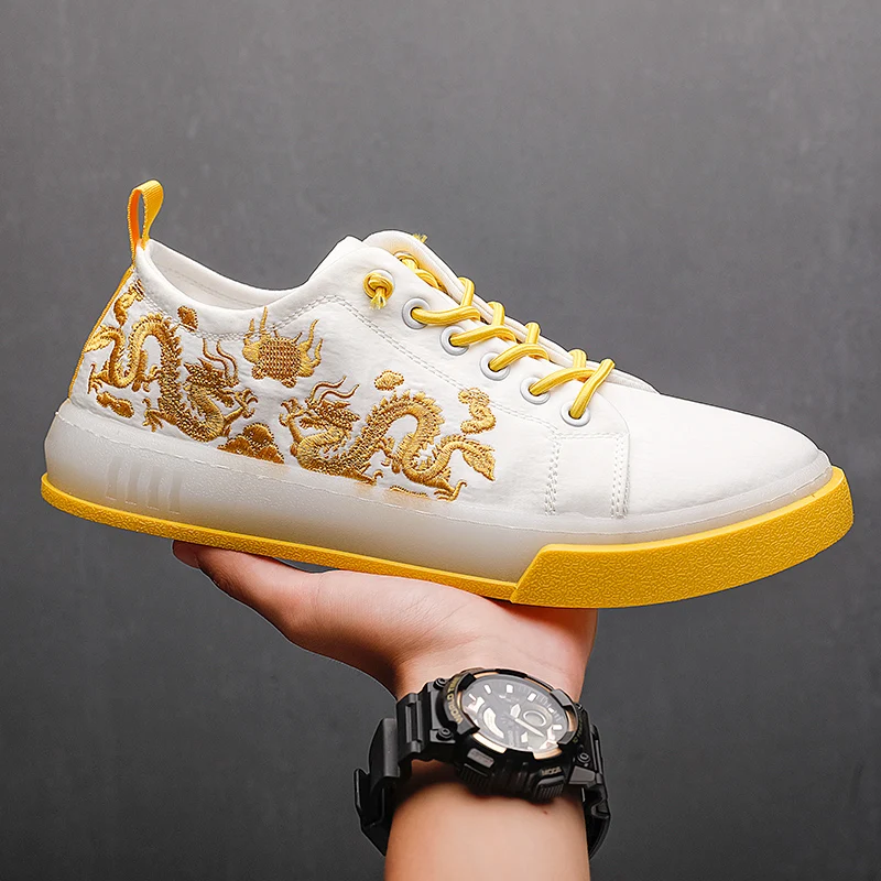 

Casual Men Shoes Sneakers Plimsolls Dragon Embroidered Mens Designer Shoes Comfortable China Yellow Sneakers Men Espadrilles
