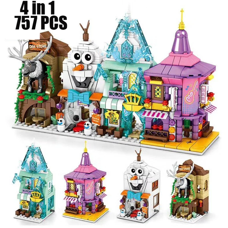 

2021 new4pcs Disney Ice and snow princess Street view castle classic movie Building Model building block girl Children toys Gift