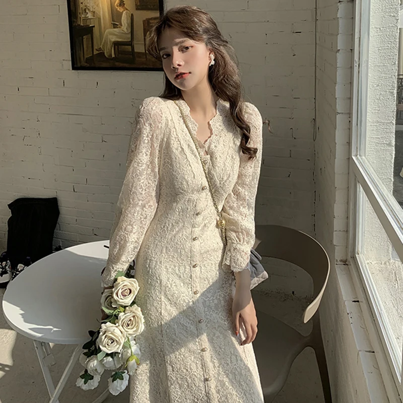 

Lace Dress Women Spring Elegant Simple Lace Puff Sleeve Vintage Ladies Korean Party Daily V-neck Female Clothes Vestidos 2022