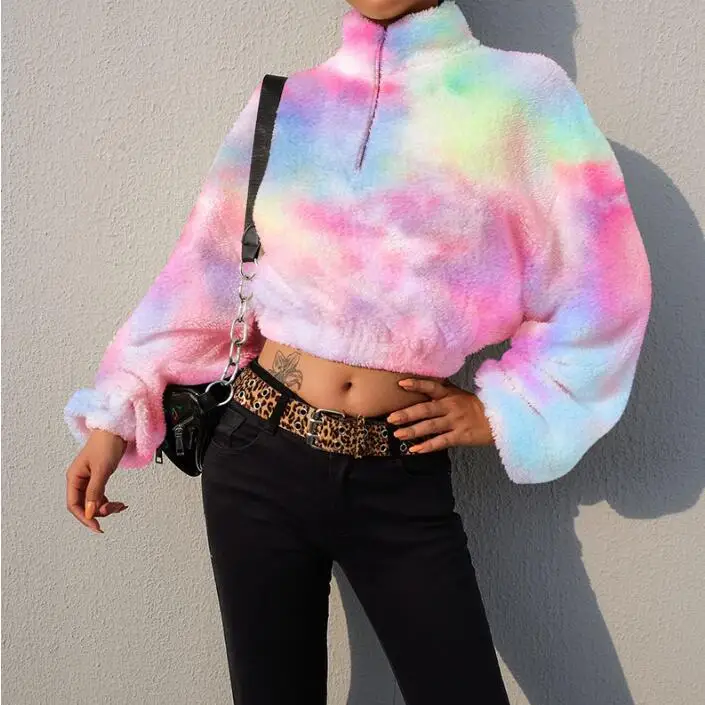 Женский кардиган с длинным рукавом Радужный меховым воротником Осень зима