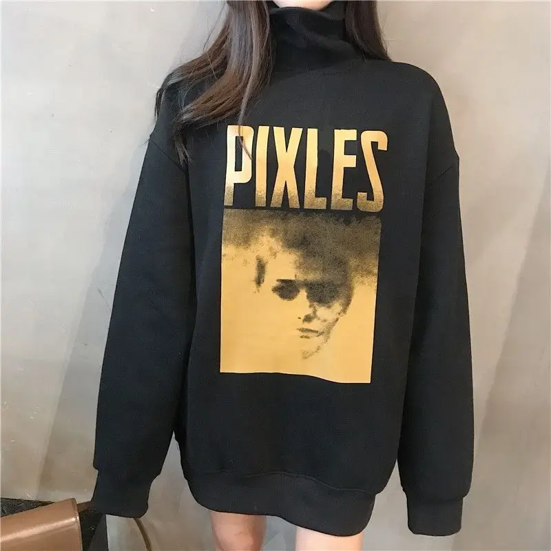

Hoodies Women Vintage Turtleneck Thicken Black Sweatshirts Oversize Leisure Printed Streetwear Chic Ulzzang Fashion Harajuku New