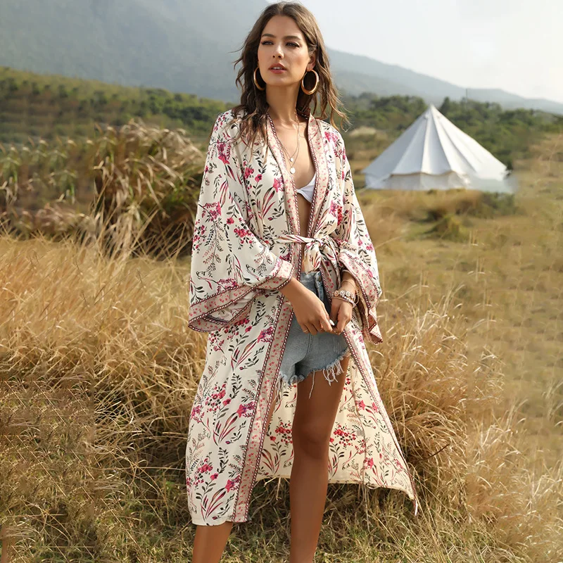 

2020 Summer Autumn Bohemian Beach Floral Print Cover-Ups Women Beach Sexy Cover Up Dress Tunic Long Swim Bikinis Cover Ups Plage