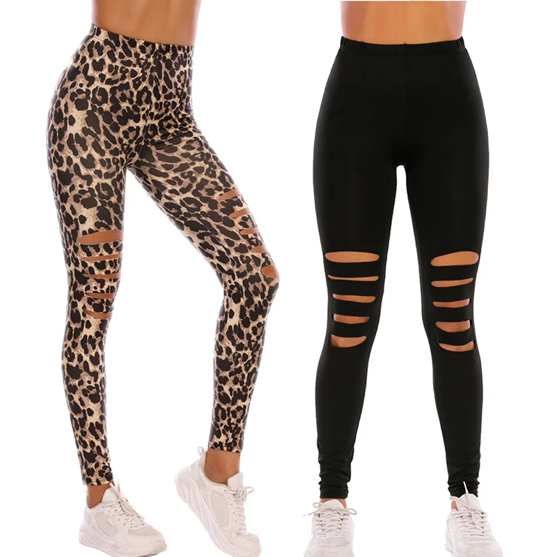 

2023 New Womens High Waist Tummy Control Leopard Print Butt Lifting Workout Cutout Ripped Hole Running Skinny Leggings