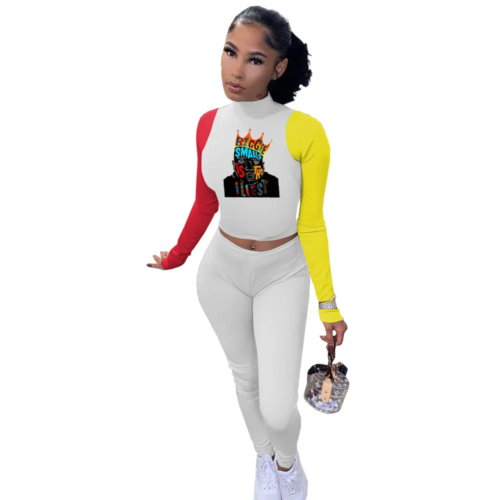 

Character Printed Streetwear Two Piece Set Women Fashion Color Block Long Sleeve Crop Top and Sportswear Pant Fitness Tracksuit