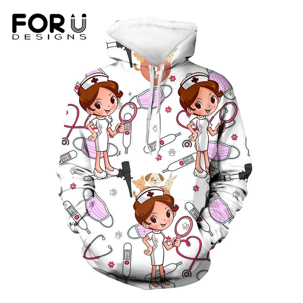 

Толстовка FORUDESIGNS оверсайз для женщин, белая толстовка в стиле Харадзюку, с мультяшным принтом медсестры, женские толстовки с длинным рукаво...