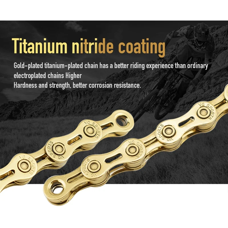 

Vg Sports Road Mountain Bike Parts Bicycle Chain 9 Speed Mtb Chains 116L Half Hollow -Ti-Gold Chains