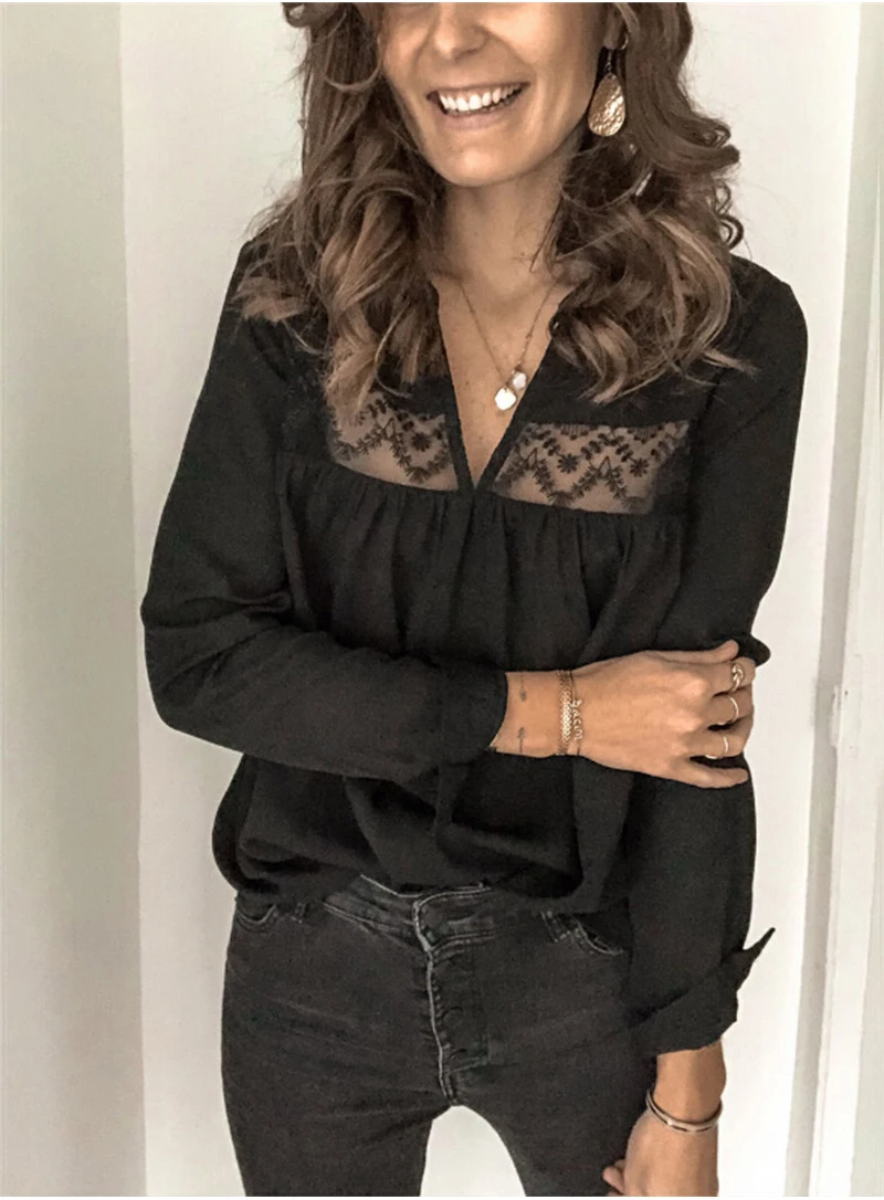 

Womens Tops and Blouses Elegant long Sleeve V Neck OL Lace Shirt Ladies Office Lady Backless chemise femme blusa feminina