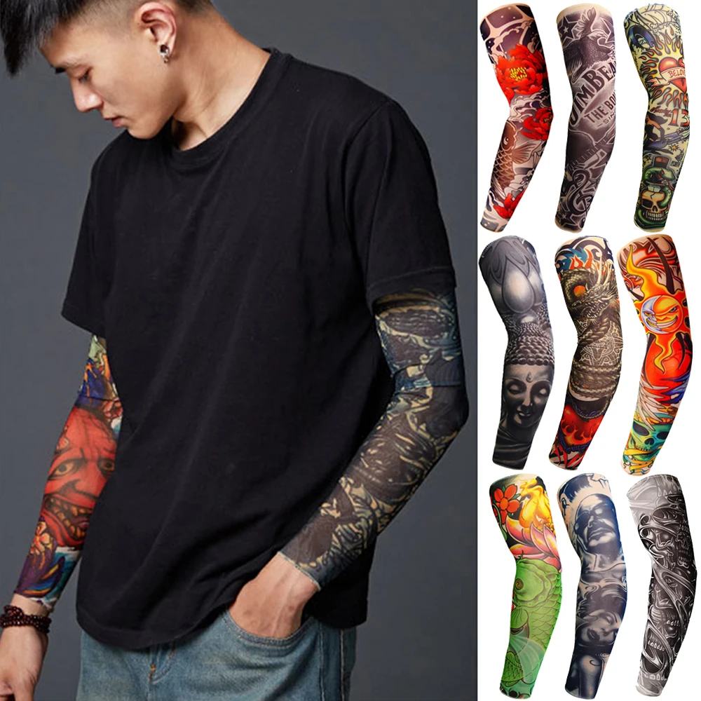 Summer Outdoor Cycling Sunscreen Arm Warmers Sleeves Tattoo Fake 3D Tattoo Temporary Sleeves Bicycle UV Protective Sleeves