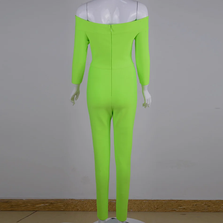 

2020 Fashion New Women's Sexy Fluorescent Green Bandage Jumpsuit Long Sleeve Strapless Hollow Out Bodycon Club Party Jumpsuit